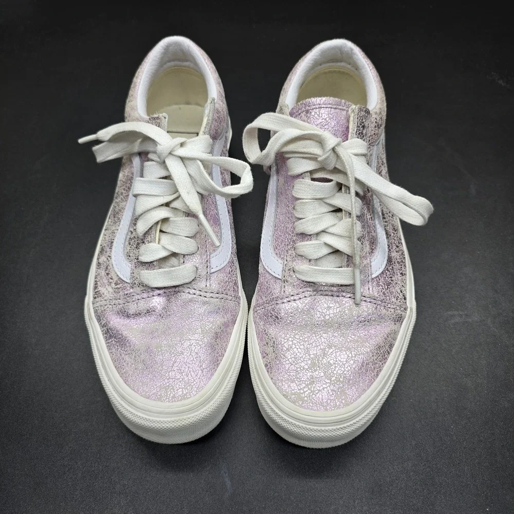 Vans Old Skool Metallic Pink Silver Cracked Leather Sneakers Womens 8 Mens 6.5